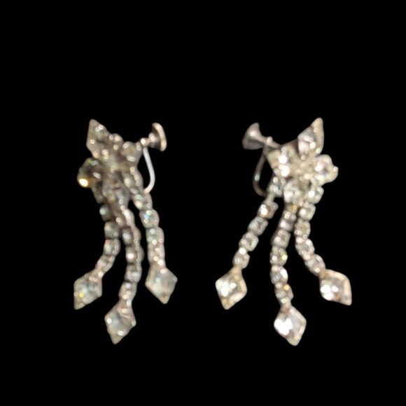 Vintage Rhinestone Clip-On Dangle Earrings Silver-Tone Sparkle Party Jewelry Ret - Picture 4 of 7